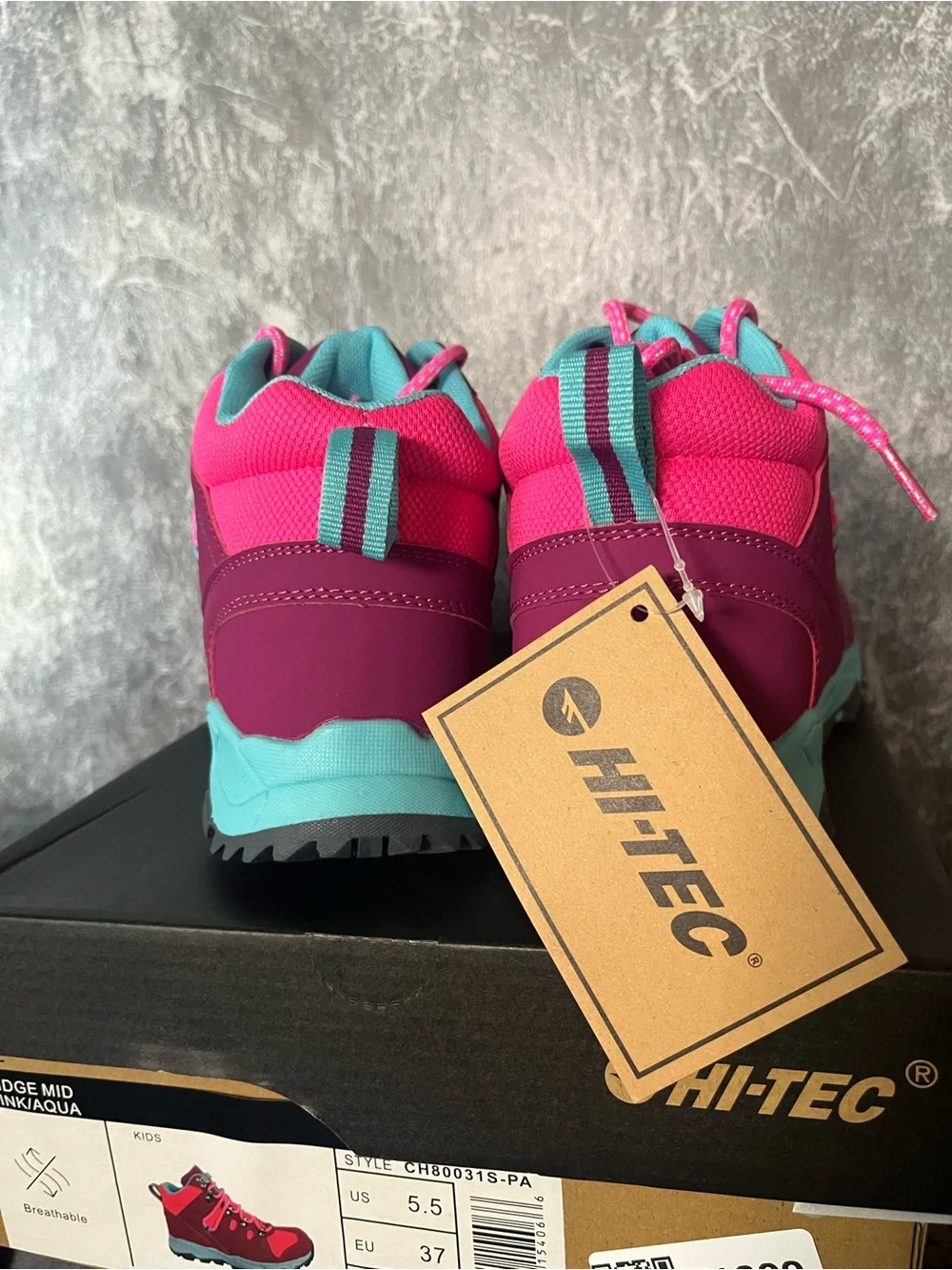 Hi-Tec Ridge Mid Lace-Up Boots in Pink and Aqua 5.5y new in box